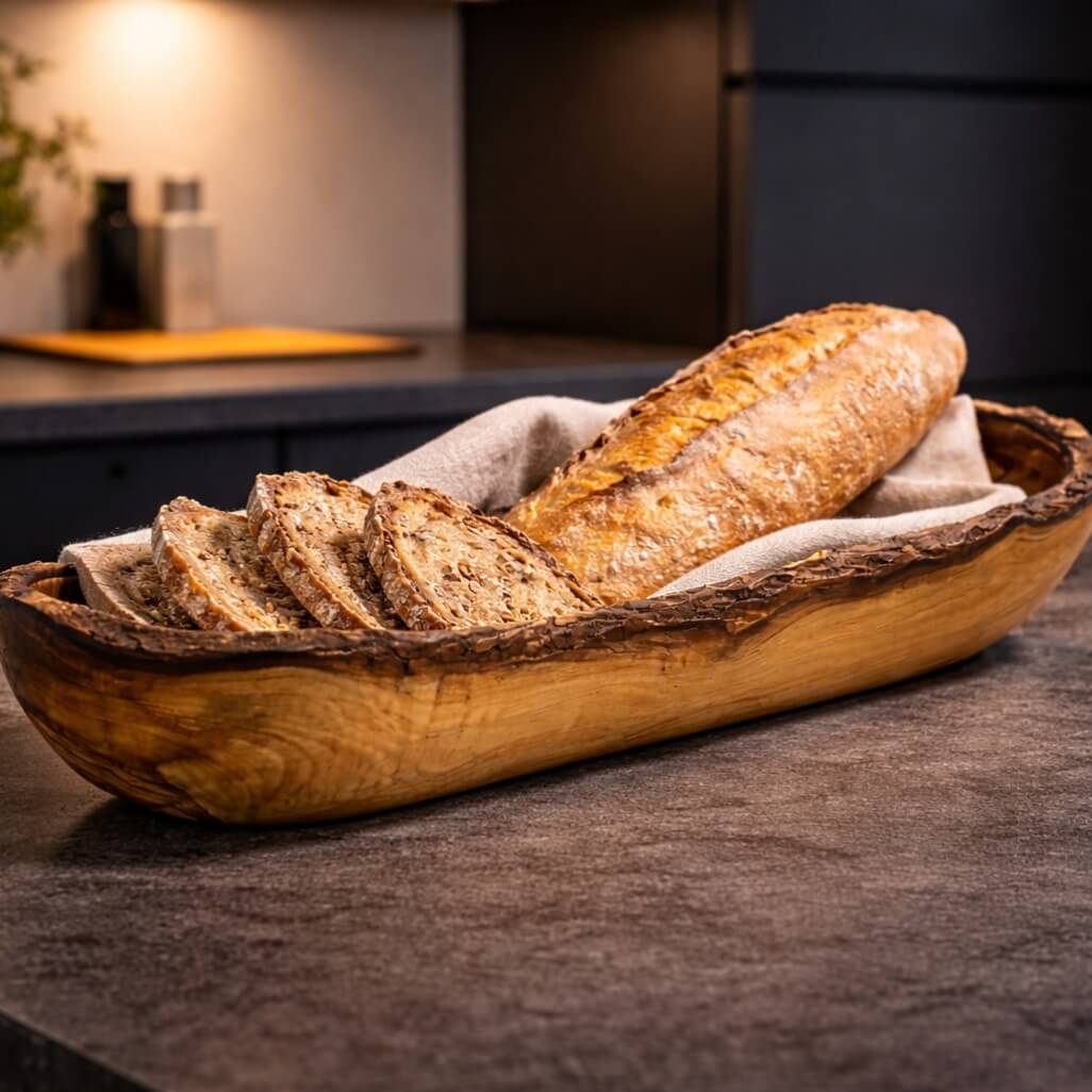 Bandeja para Pan y Baguette de Madera de Olivo - Borde Rústico (30 cm)