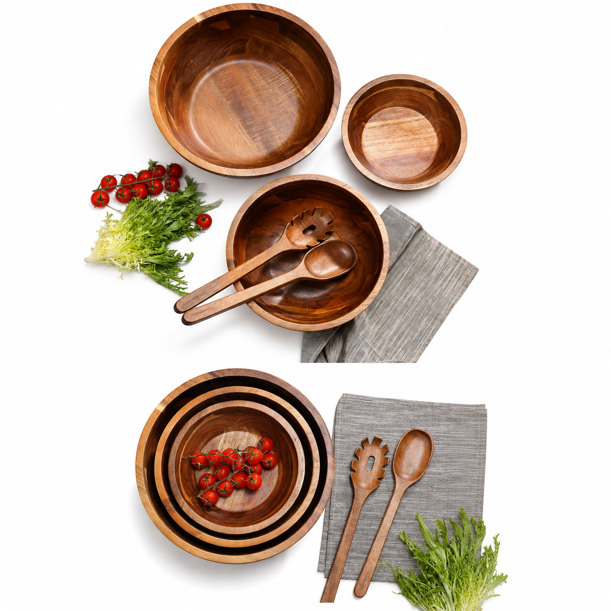 Set de Ensaladeras de Madera de Acacia – 3 Cuencos con Cubiertos para Ensalada