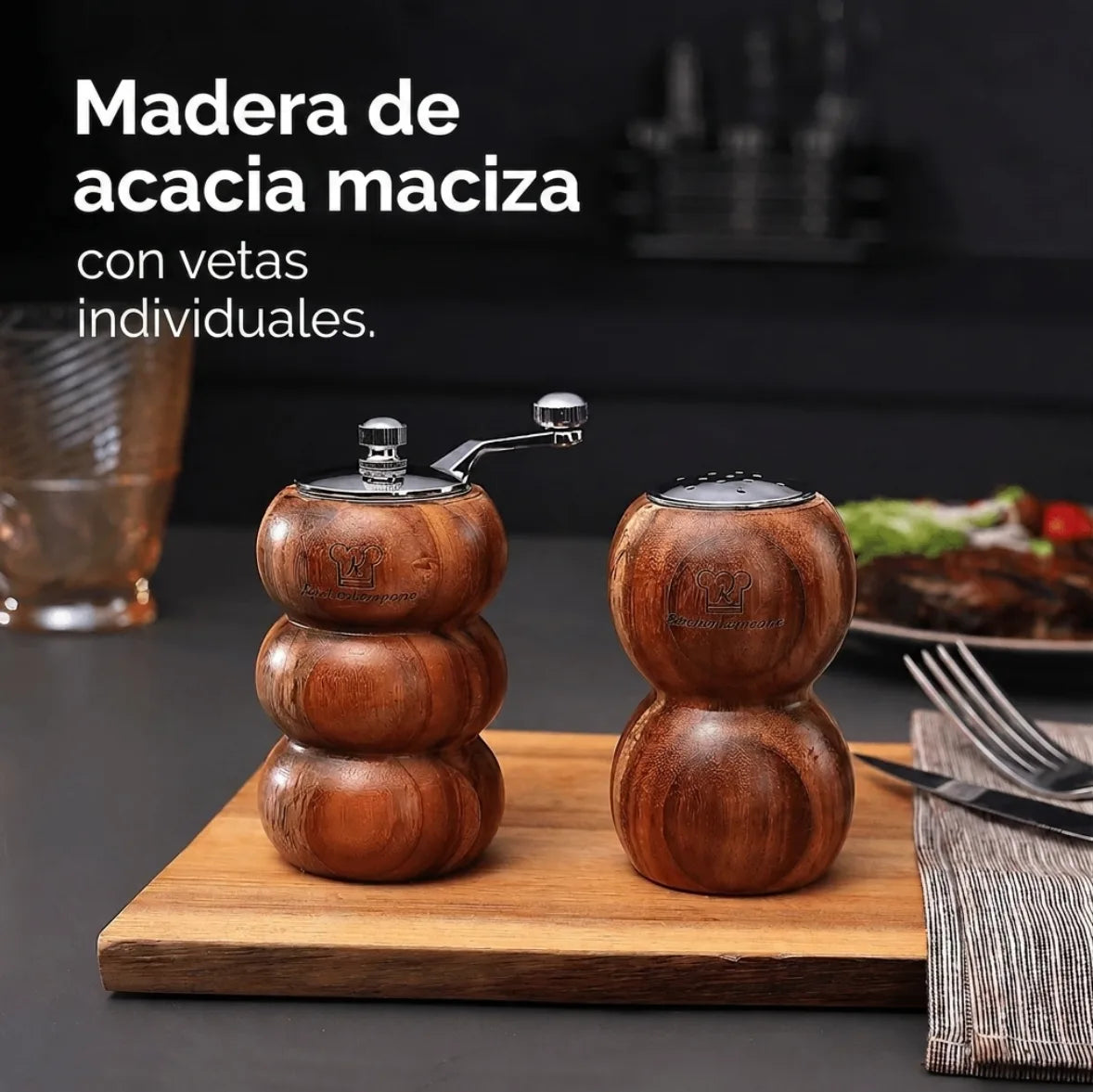 Salero y Molinillo de Pimienta – Set de 2 de Madera de Acacia