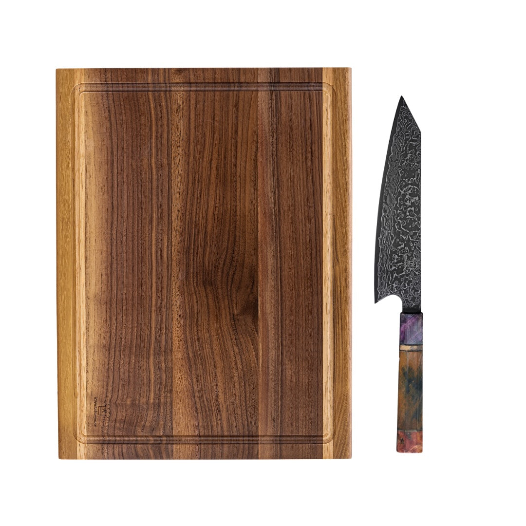 Set Gourmet Premium: Cuchillo Gyuto Damasco Forjado a Mano y Tabla de Cortar Mizo de Madera Noble