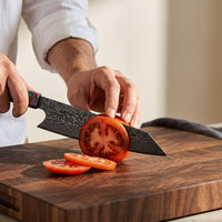 Set Gourmet Premium: Cuchillo Gyuto Damasco Forjado a Mano y Tabla de Cortar Mizo de Madera Noble