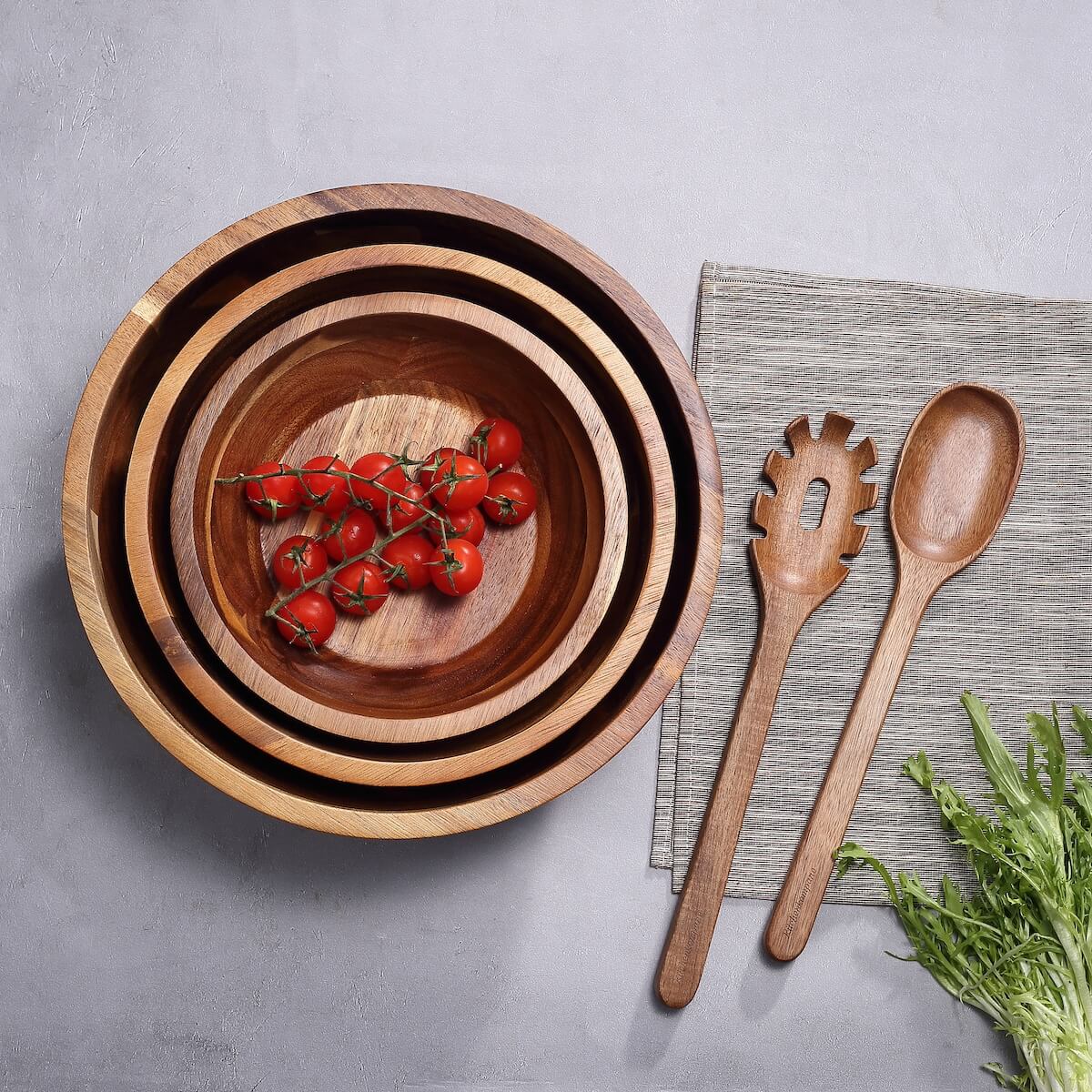 Set de Ensaladeras de Madera de Acacia – 3 Cuencos con Cubiertos para Ensalada