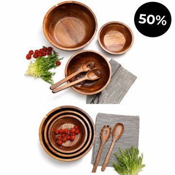 Set de Ensaladeras de Madera de Acacia – 3 Cuencos con Cubiertos para Ensalada