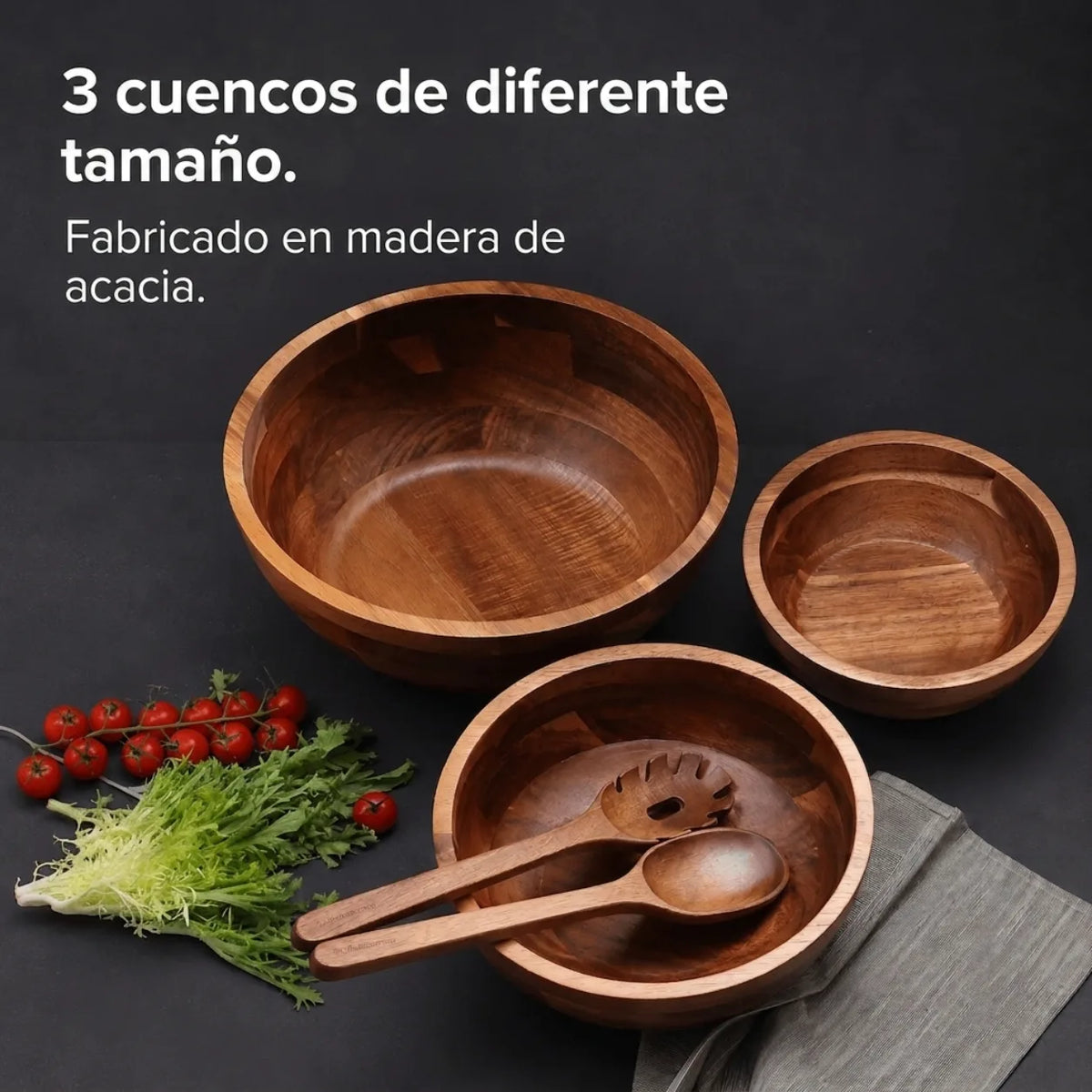 Set de Ensaladeras de Madera de Acacia – 3 Cuencos con Cubiertos para Ensalada