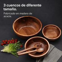 Set de Ensaladeras de Madera de Acacia – 3 Cuencos con Cubiertos para Ensalada